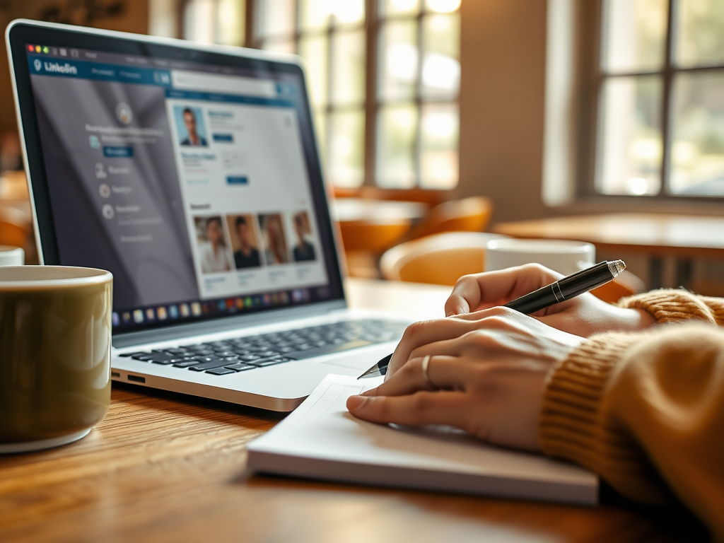 На изображении кофе, открытый ноутбук с LinkedIn и записная книжка с человеком, пишущим ручкой.