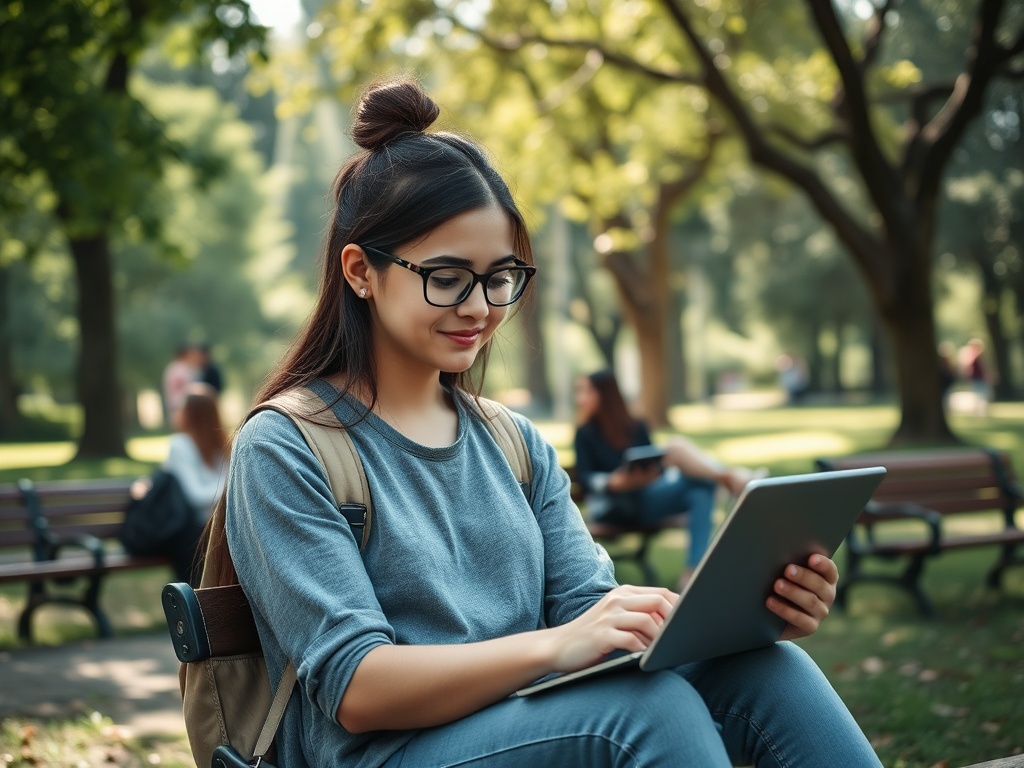 Девушка в очках сидит на скамейке в парке и использует планшет. Зеленые деревья на фоне.