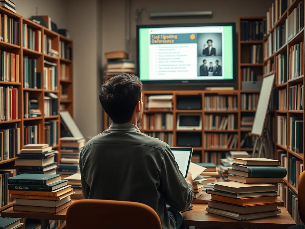 Студент в библиотеке смотрит презентацию на экране, окруженный книгами и учебными материалами.