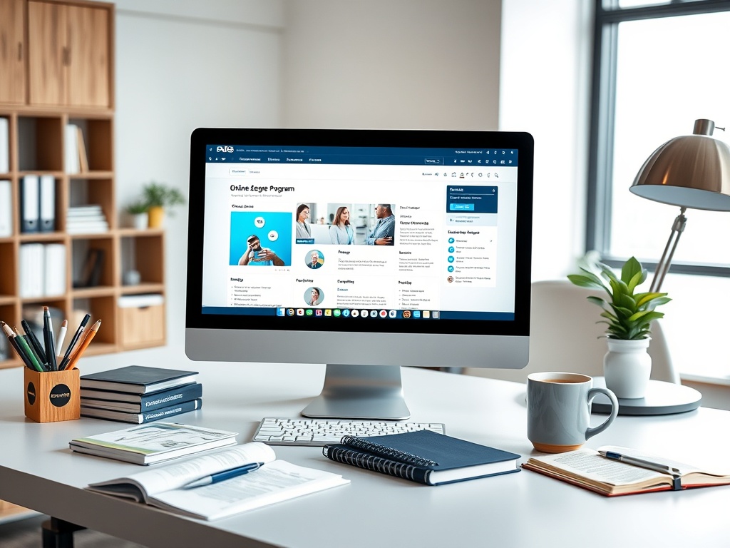 На столе стоит компьютер с открытой страницей онлайн-программы, рядом книги и чашка кофе.