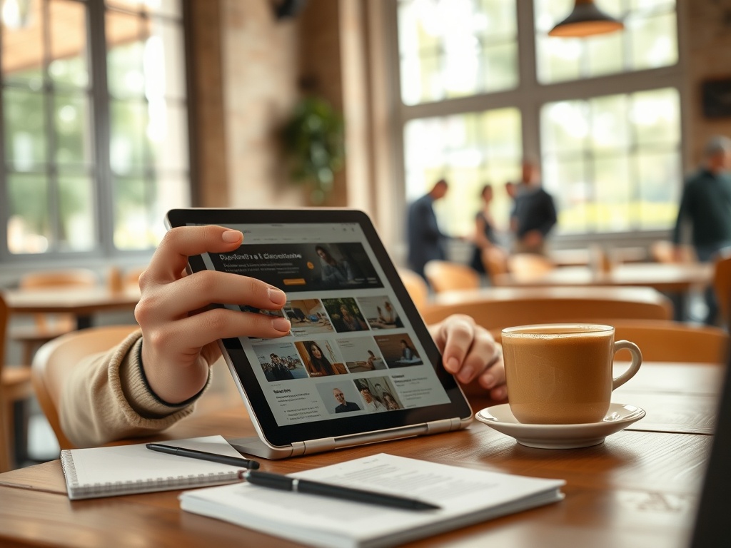 Человек держит планшет с открытым сайтом и чашкой кофе на столе в кафе. Светлое и уютное окружение.