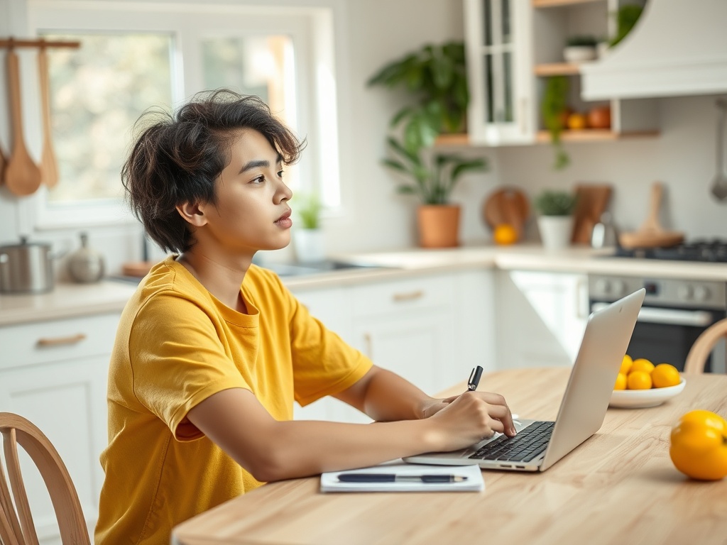 Молодая женщина в желтой футболке работает за ноутбуком на кухне, пишет заметки на столе.