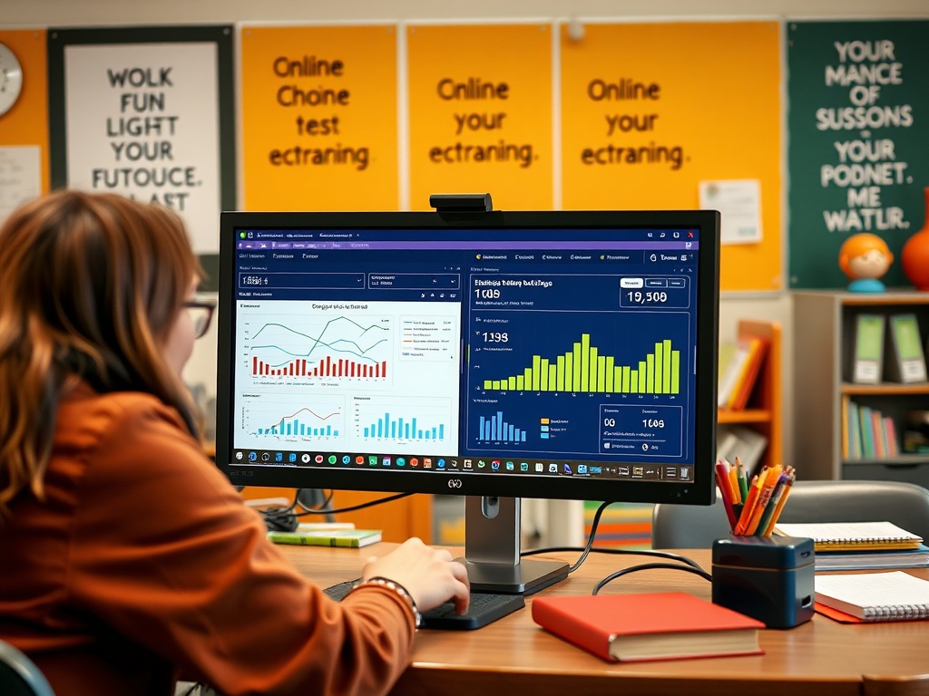 На изображении человек за компьютером с графиками и диаграммами в учебной обстановке. Стены оформлены ярким текстом.