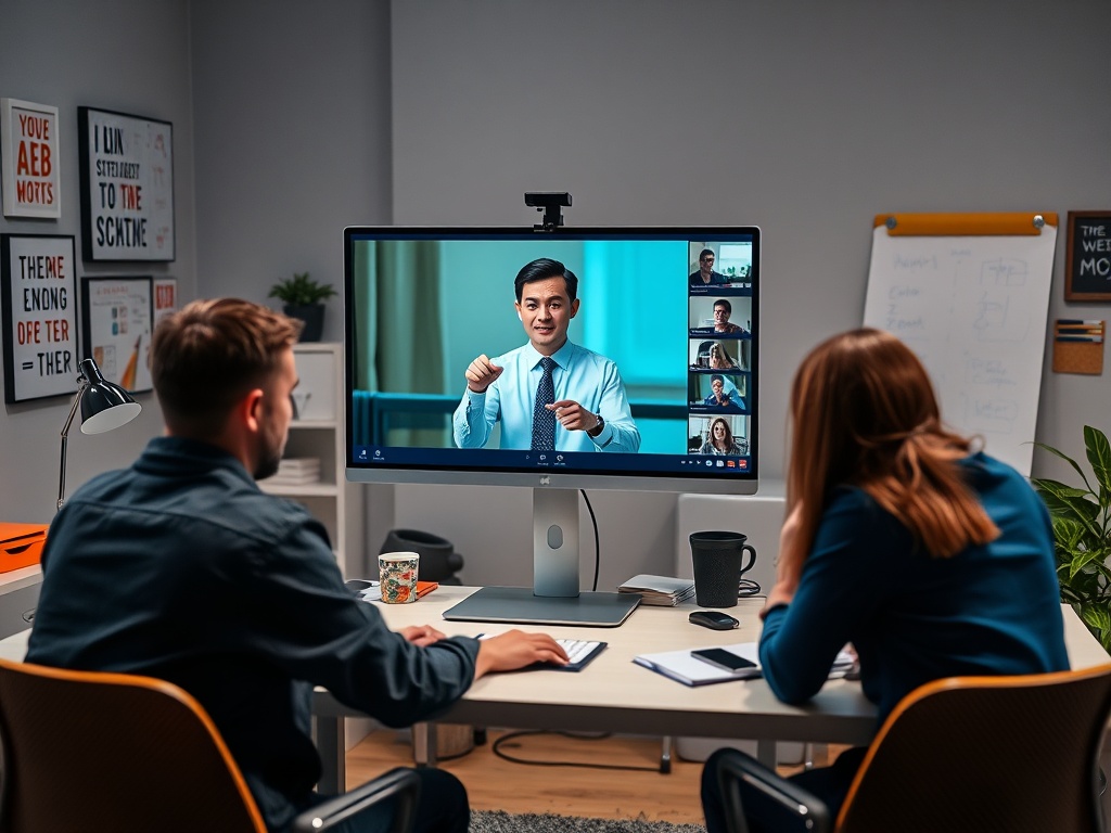 Два человека на видеозвонке, общаются с коллегой, много экранов и заметки на столе. Современный офис.