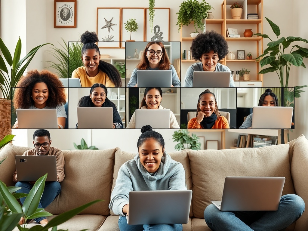 Группа людей сидит с ноутбуками, улыбаются и общаются, расположенные в уютном интерьере.