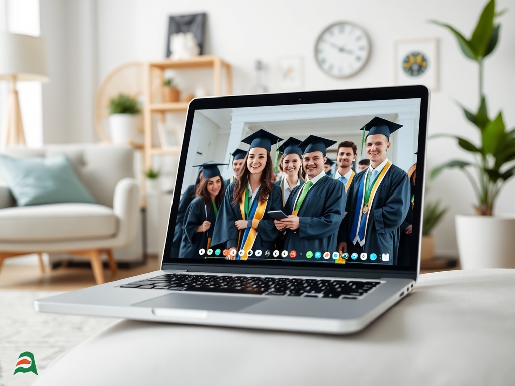 На экране ноутбука группа студентов в выпускных мантиях и шляпах, позирующих на торжественном мероприятии.