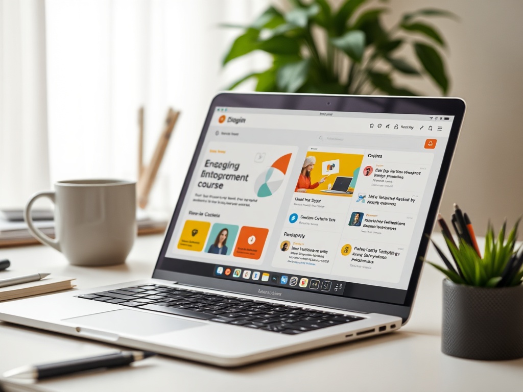 Ноутбук с открытым курсом на экране, рядом чашка и растения на столе. Минималистичный и уютный офис.