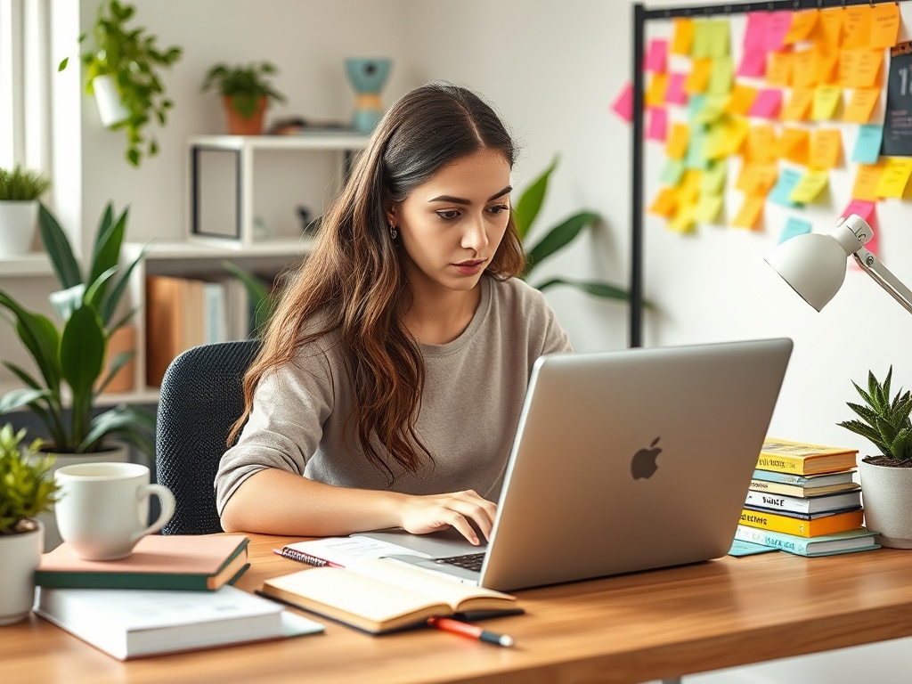 Молодая женщина работает за столом с ноутбуком, окруженная растениями и заметками на стене.