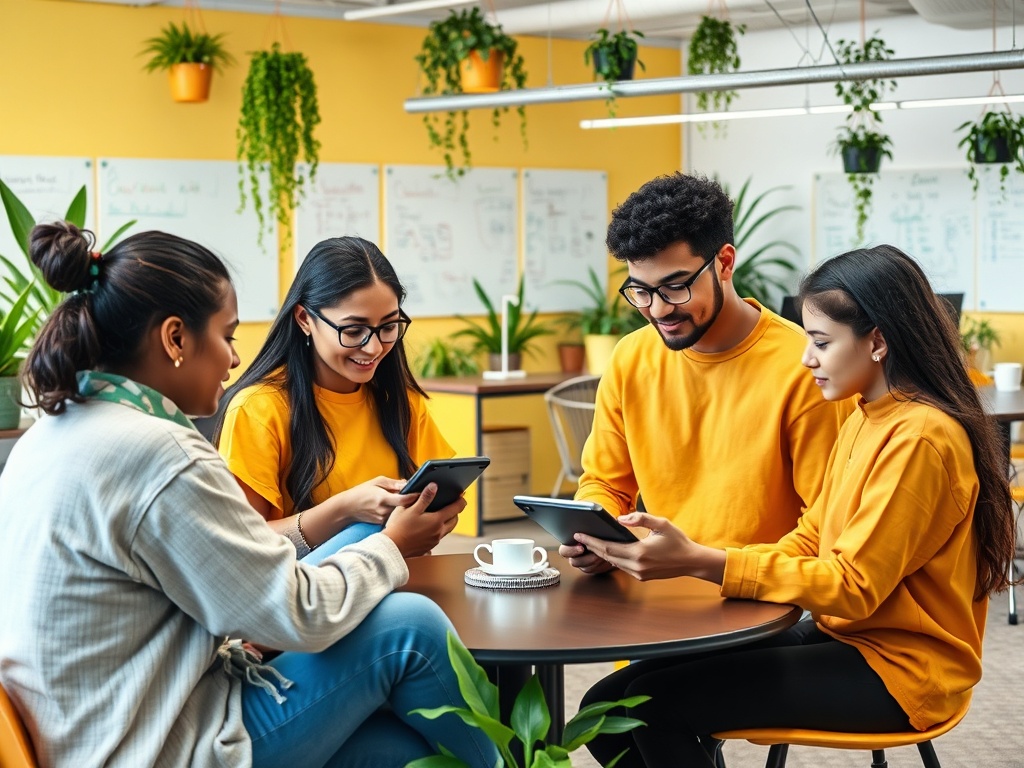 Четыре человека в оранжевых свитерах обсуждают что-то на планшетах в ярком офисе. На столе чашка кофе.