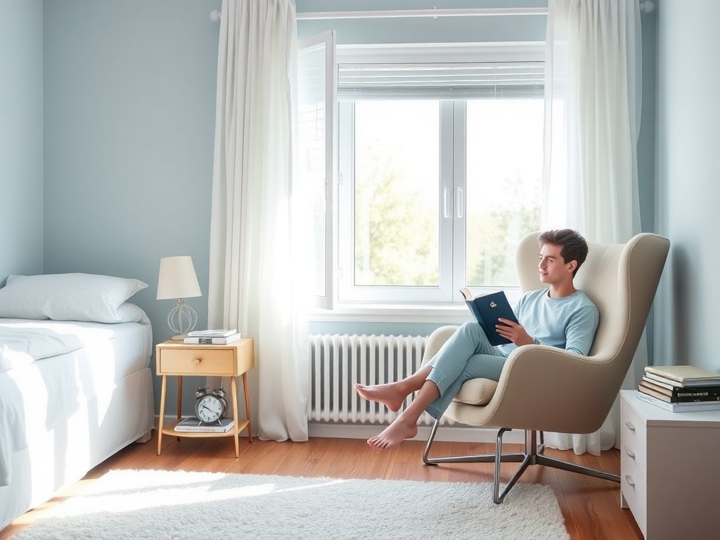 Молодой человек читает книгу в светлой комнате с большим окном и уютной мебелью.