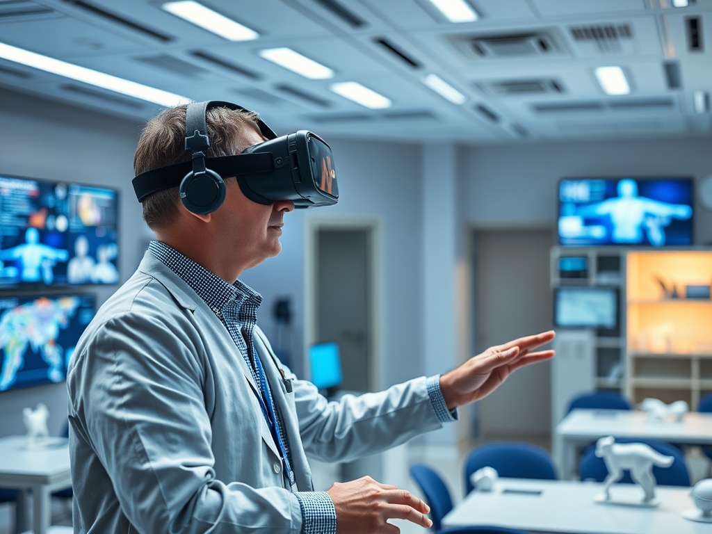 Мужчина в очках виртуальной реальности изучает данные в современном классе с компьютерами и графиками.