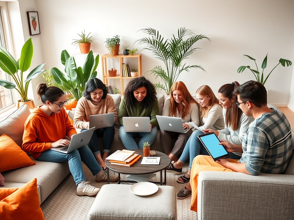 Группа молодых людей сидит на диване и работает с ноутбуками и планшетами в уютном помещении.