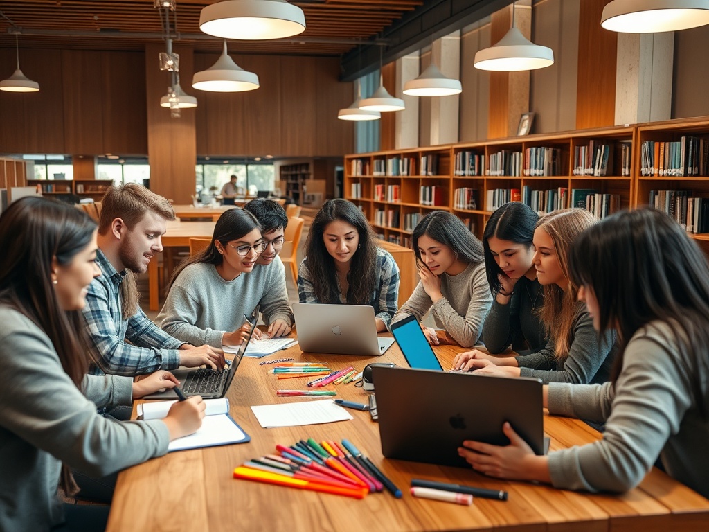Группа студентов изучает материалы в библиотеке, работая на ноутбуках и записывая идеи.