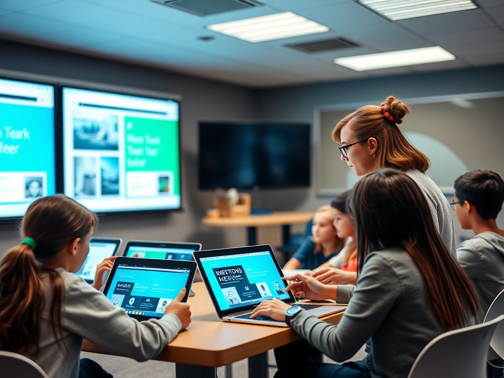 Группа детей за компьютерами в классе, обучающихся новым навыкам под руководством преподавателя.