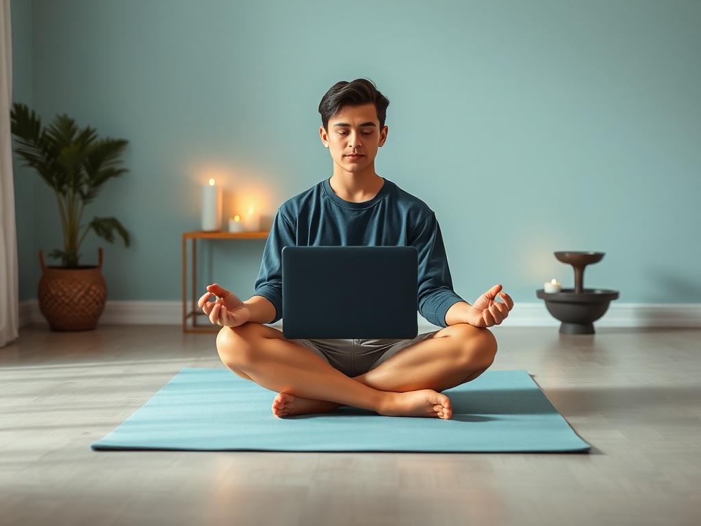 Молодой человек медитирует перед открытым ноутбуком на коврике в уютной комнате.