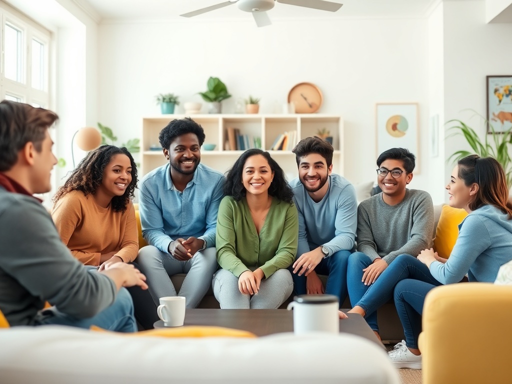 Группа людей сидит в уютной комнате, общаясь и смеясь друг с другом, создавая атмосферу дружбы и тепла.