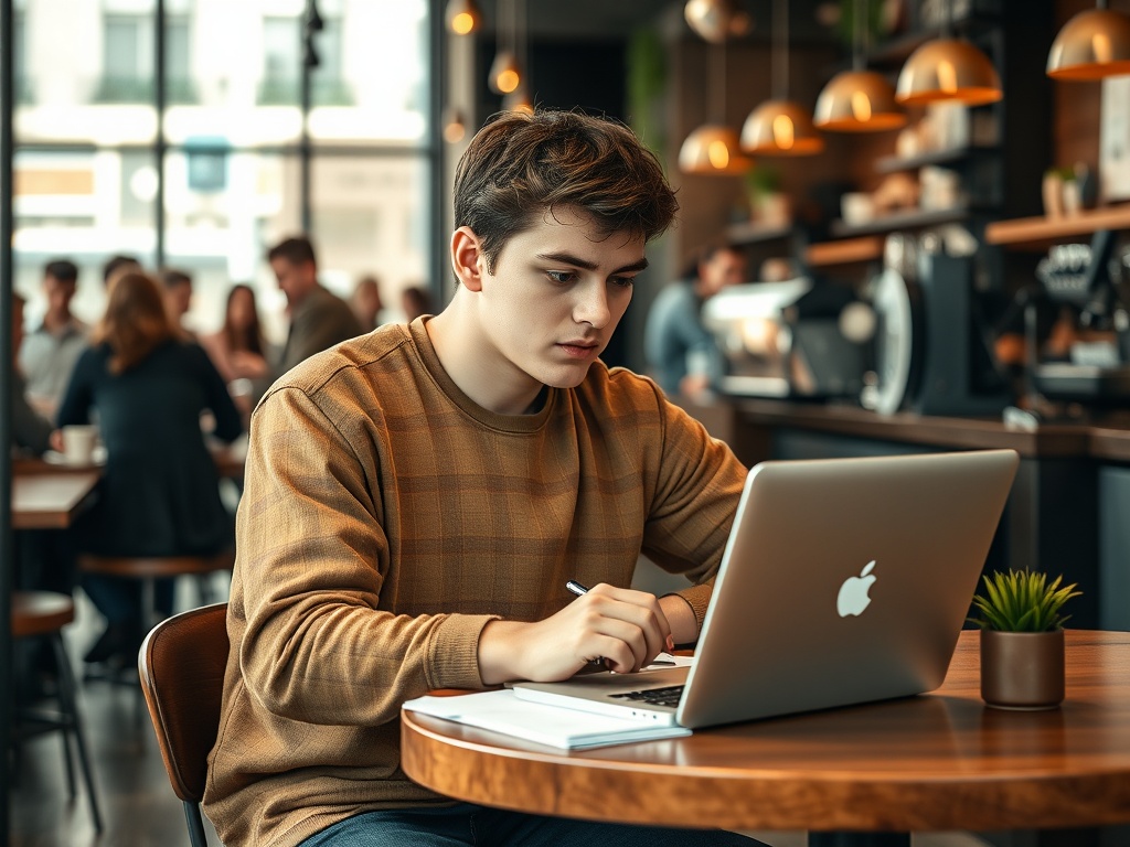 Молодой человек, сосредоточенный на ноутбуке, сидит в кафе с чашкой кофе и записной книжкой.