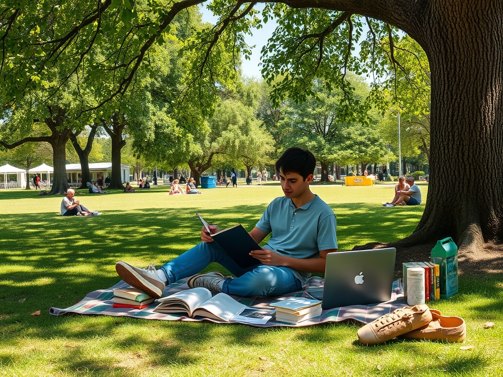 На траве сидит парень с ноутбуком, читает книгу, вокруг отдыхающие под деревьями в теплом солнечном парке.