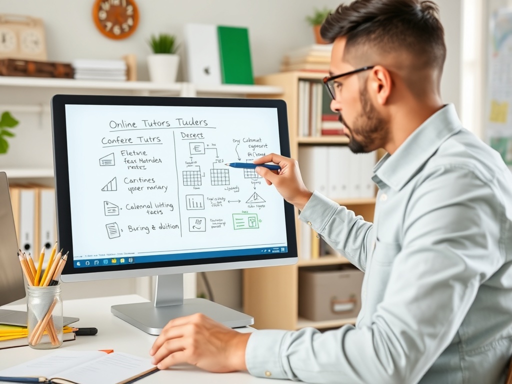 Мужчина с ручкой у компьютера, на экране схемы и заметки по онлайн-обучению и репетиторам.