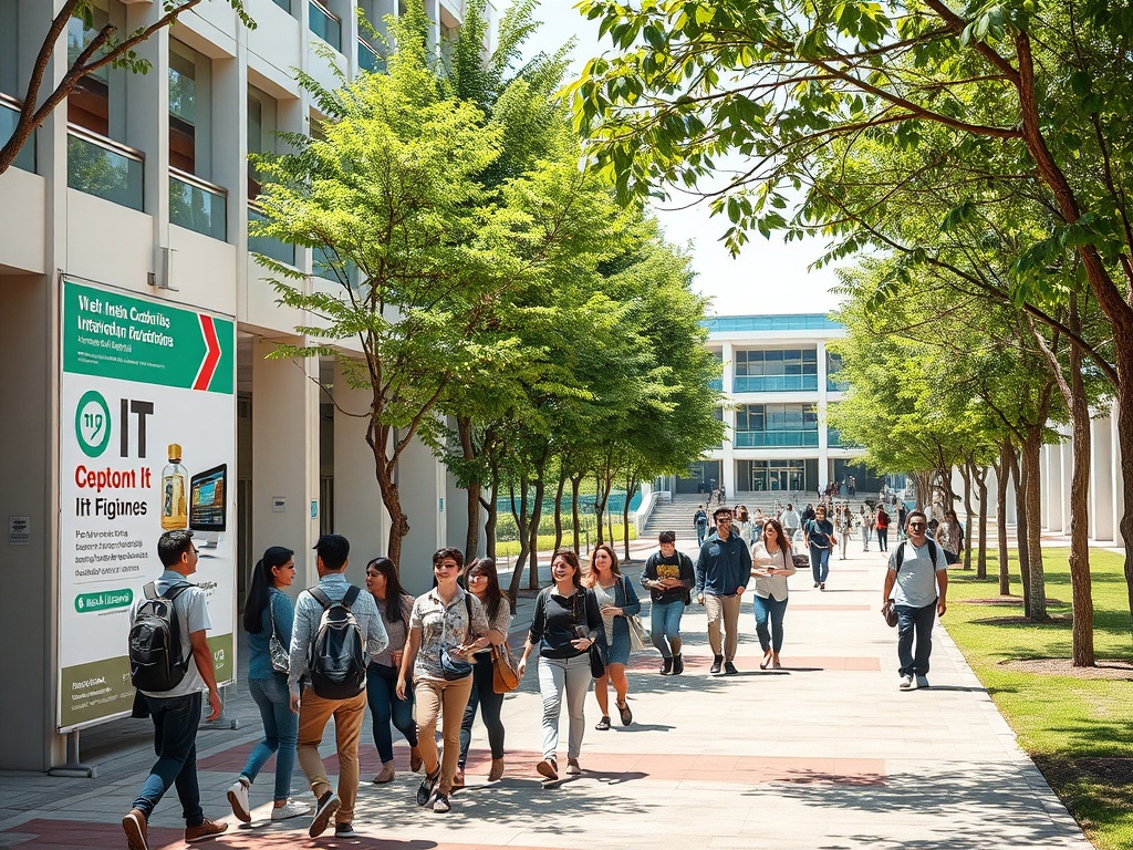 Люди идут по аллее учебного заведения, по обеим сторонам растут деревья и стоит рекламный баннер.