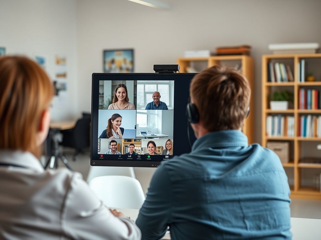 На изображении видеозвонок с участниками, сидящими за столом, взаимодействующими на экране.