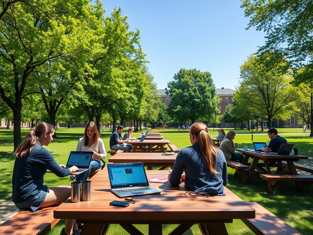 Студенты сидят за столами на улице, работают на ноутбуках в окружении зелени и солнечного света.