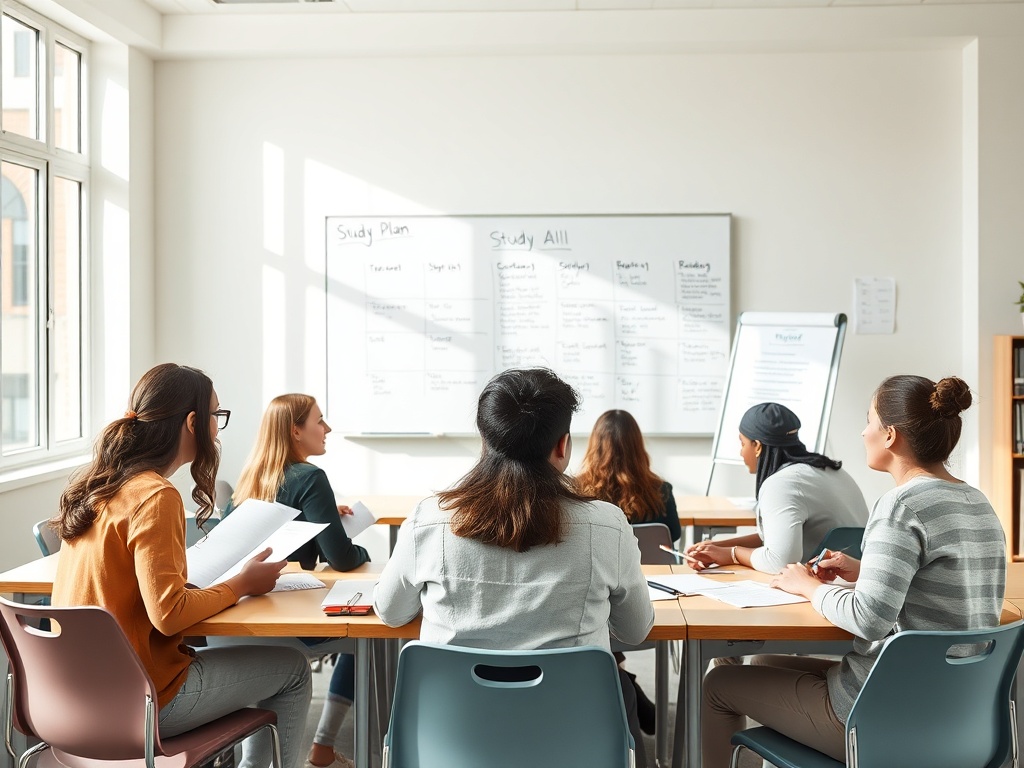 Группа людей на заседании, обсуждающих учебный план, сидят за столом в светлом кабинете.