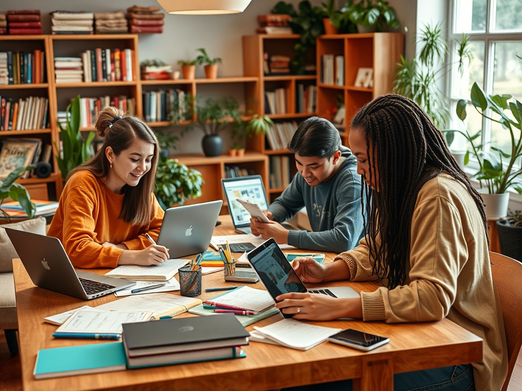 Трое студентов учатся за столом, используя ноутбуки и планшеты, окруженные книгами и растениями.