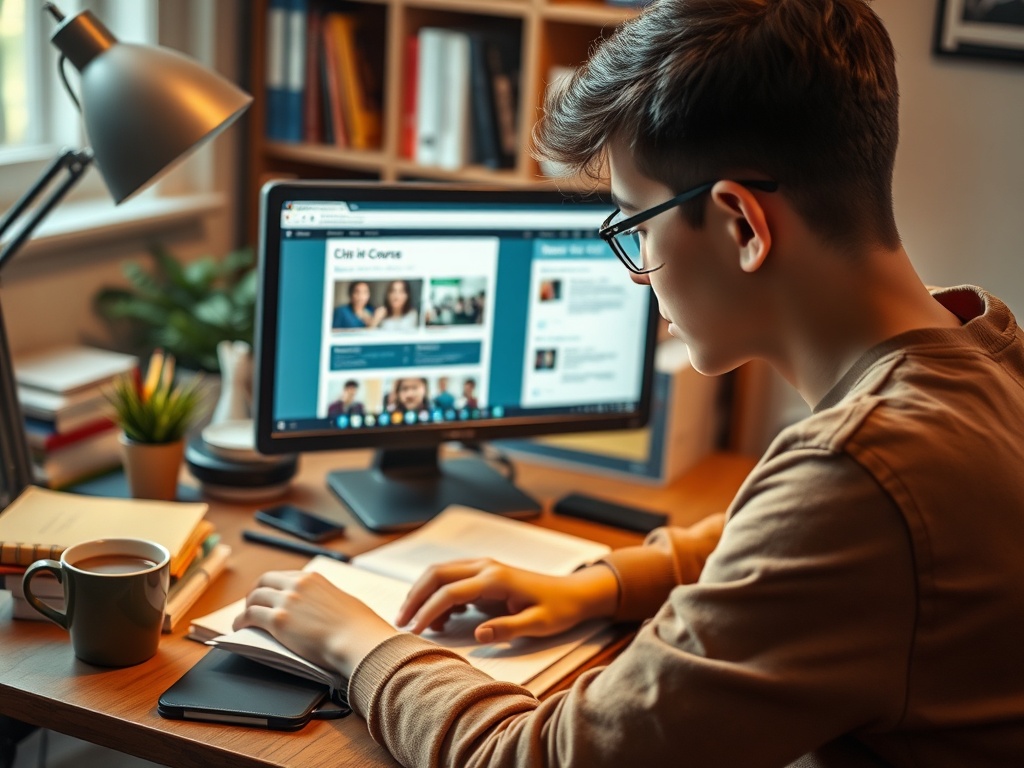 Молодой человек, сидящий за столом, работает за компьютером и изучает материал на экране.