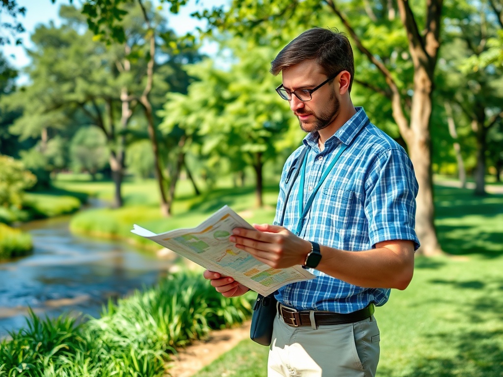 Молодой человек в клетчатой рубашке изучает карту на фоне парка с зелеными деревьями и рекой.