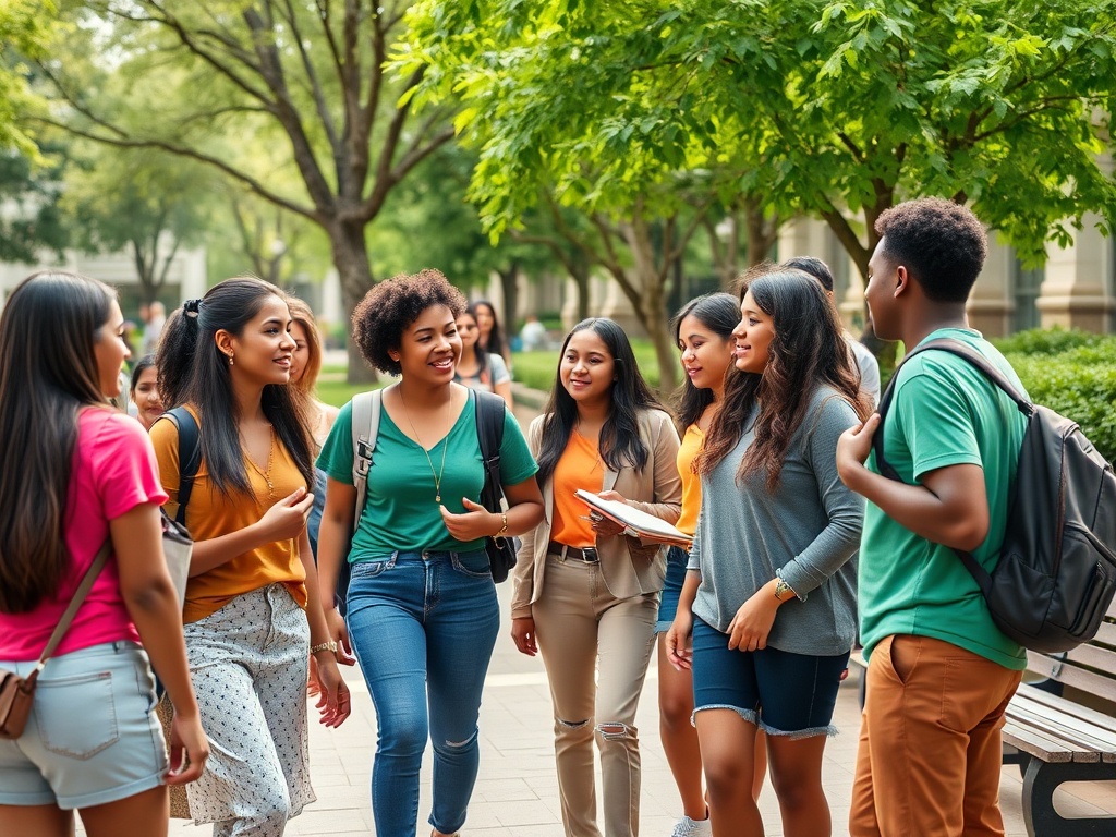 Группа студентов разного происхождения обсуждает что-то с улыбками на фоне зелени в кампусе.