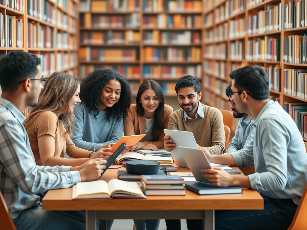 Группа студентов обсуждает проекты за столом в библиотеке, окруженные книгами на полках.
