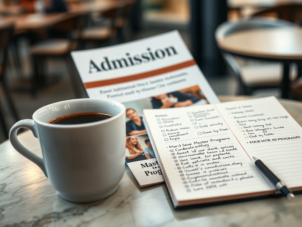 Чашка кофе рядом с заметками и буклетом о поступлении в учебное заведение на столе.