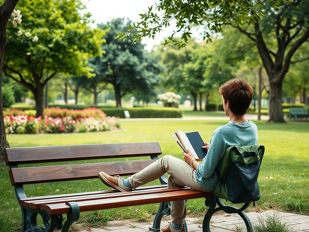 Молодой человек сидит на скамейке в парке и читает книгу в окружении зелени и цветников.
