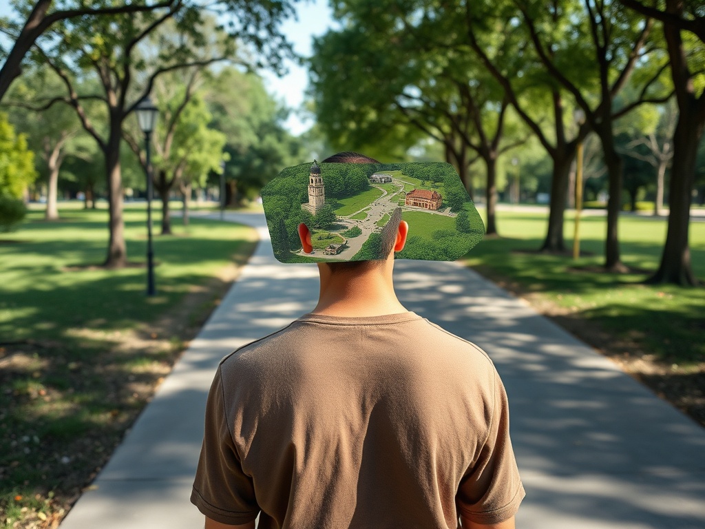 Человек с головой в виде пейзажа идет по тёмному аллее в парке среди зелёных деревьев.