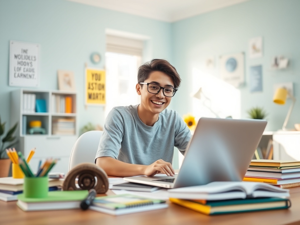 Молодой человек с очками улыбается за столом с ноутбуком и множеством книг в светлом кабинете.