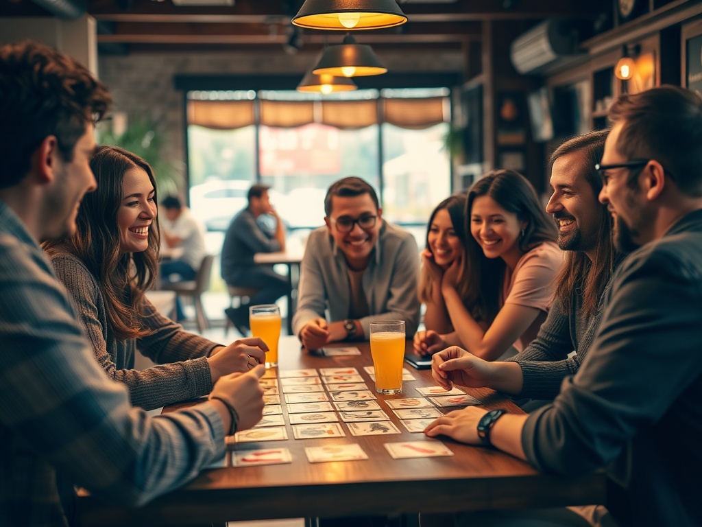 Группа друзей играет в настольную игру и весело проводит время в уютном кафе.