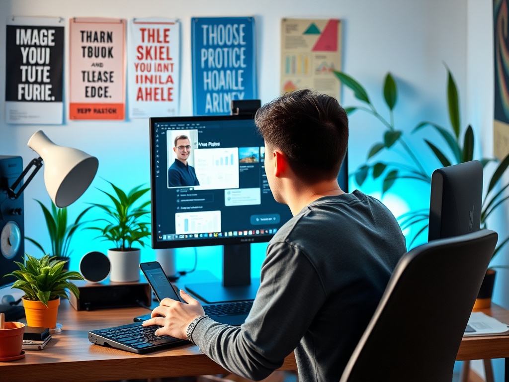 Молодой человек работает за компьютером, смотрит на экран, используя клавиатуру и телефон, вокруг растения.