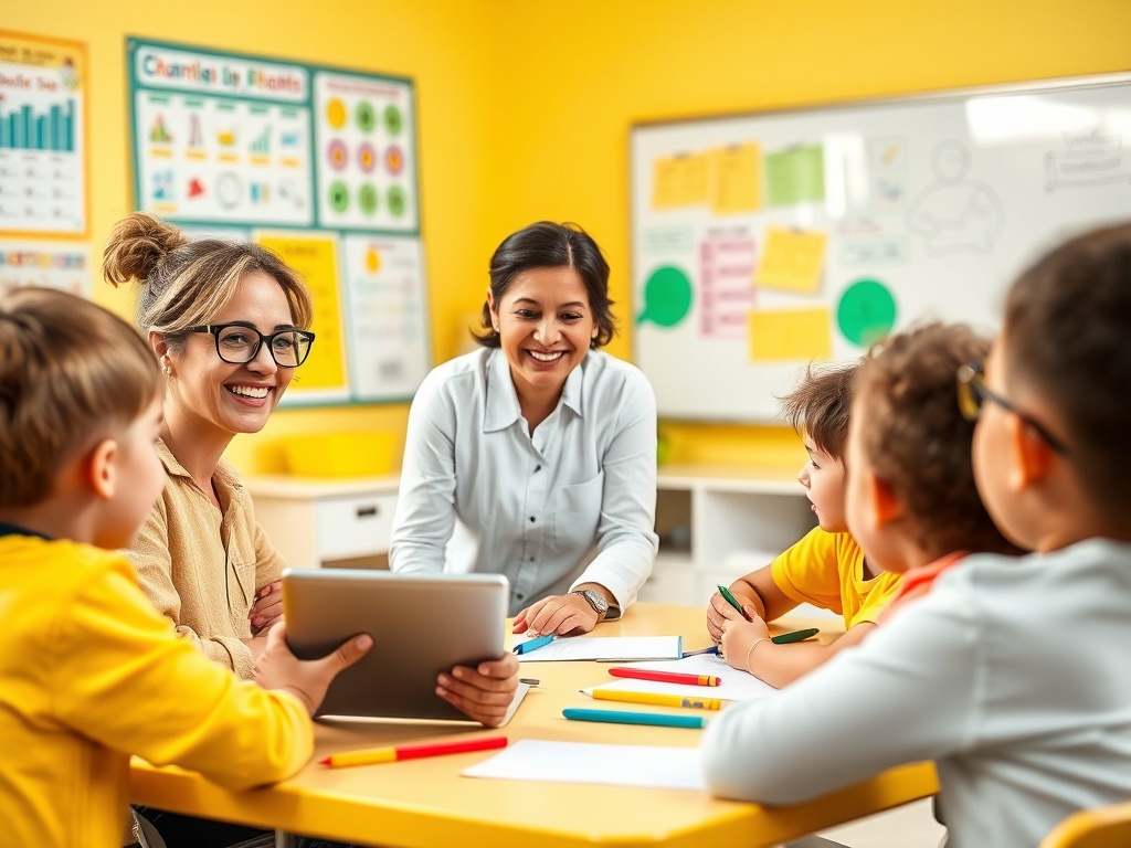 На картинке - учителя и дети, занимающиеся творчеством в ярком классе. Все улыбаются и общаются.