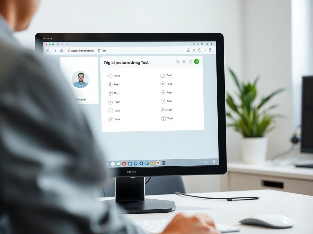 На изображении человек сидит за компьютером, проводя тестирование в цифровом формате.