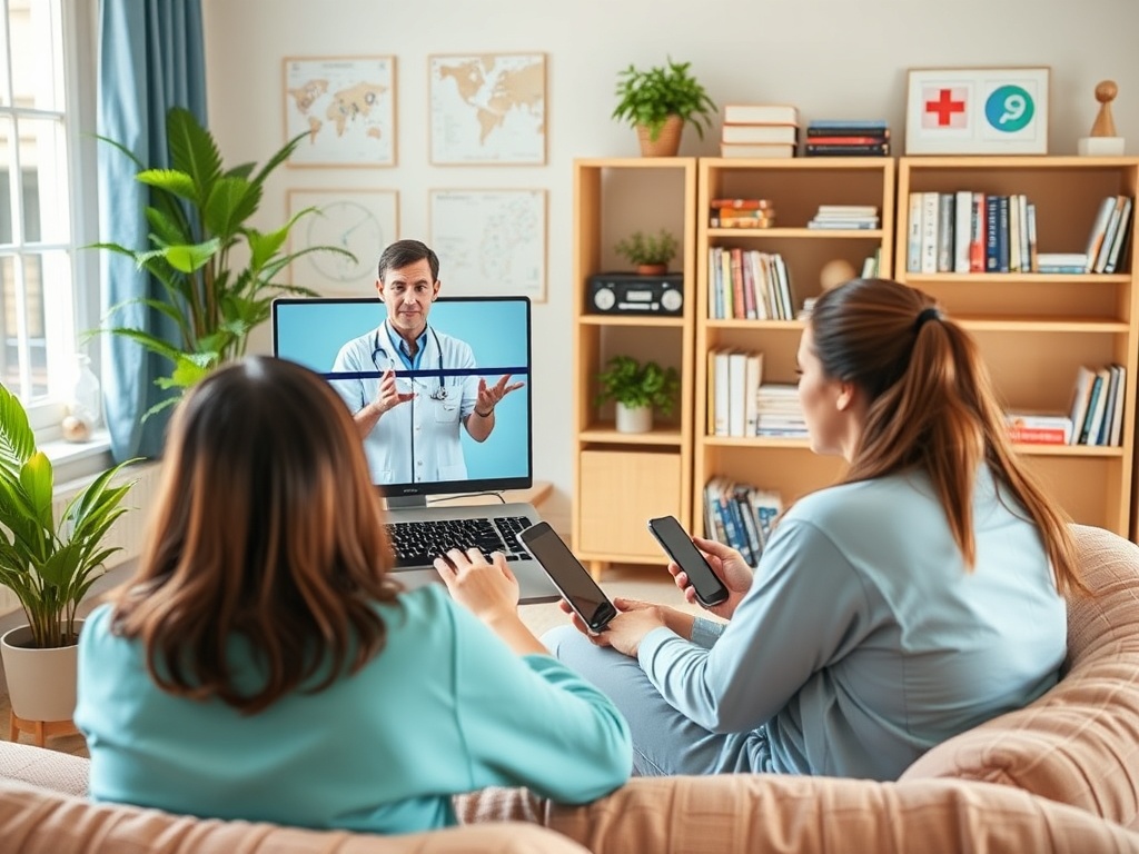На изображении женщины получают консультацию врача онлайн, сидя на диване с мобильными телефонами.