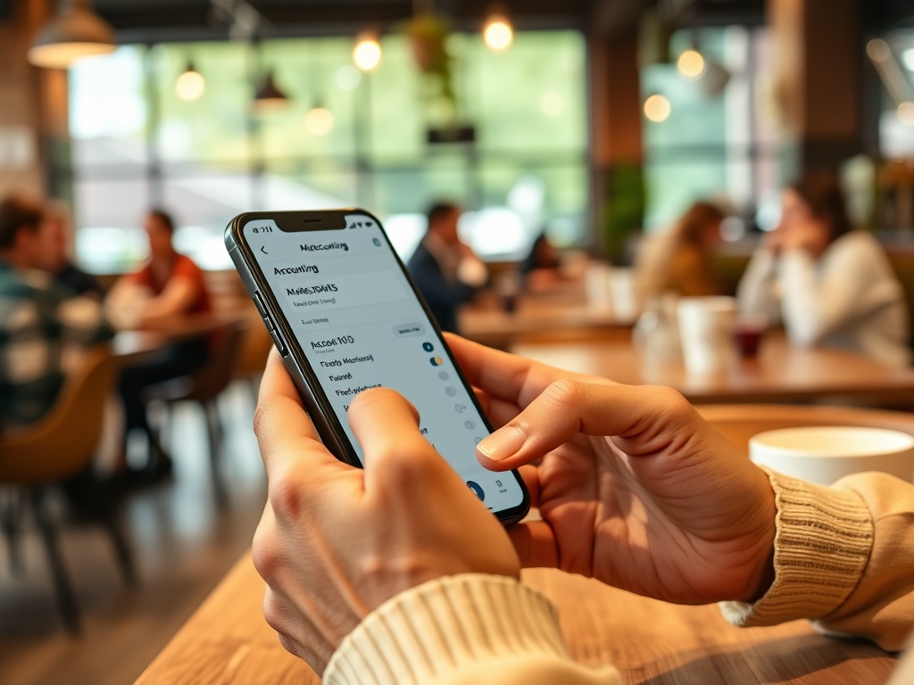На изображении рука человека с телефоном, на экране которого открыто приложение для учета. В кафе.