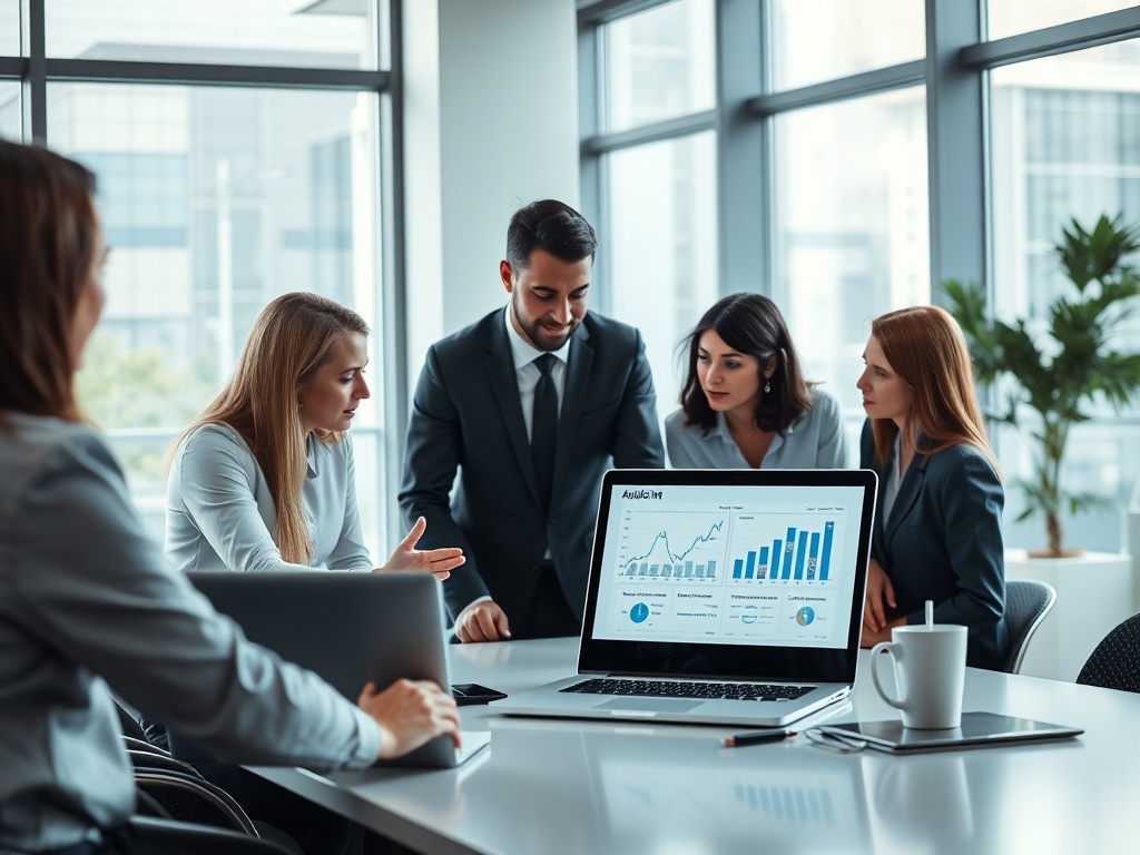 На собрании команда обсуждает финансовые графики и данные на экране ноутбука.
