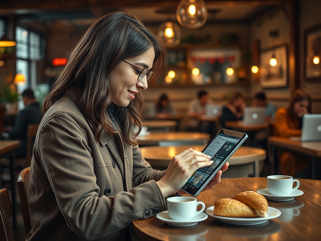 Молодая женщина в кафе, использует планшет. На столе чашки кофе и сладкая выпечка.