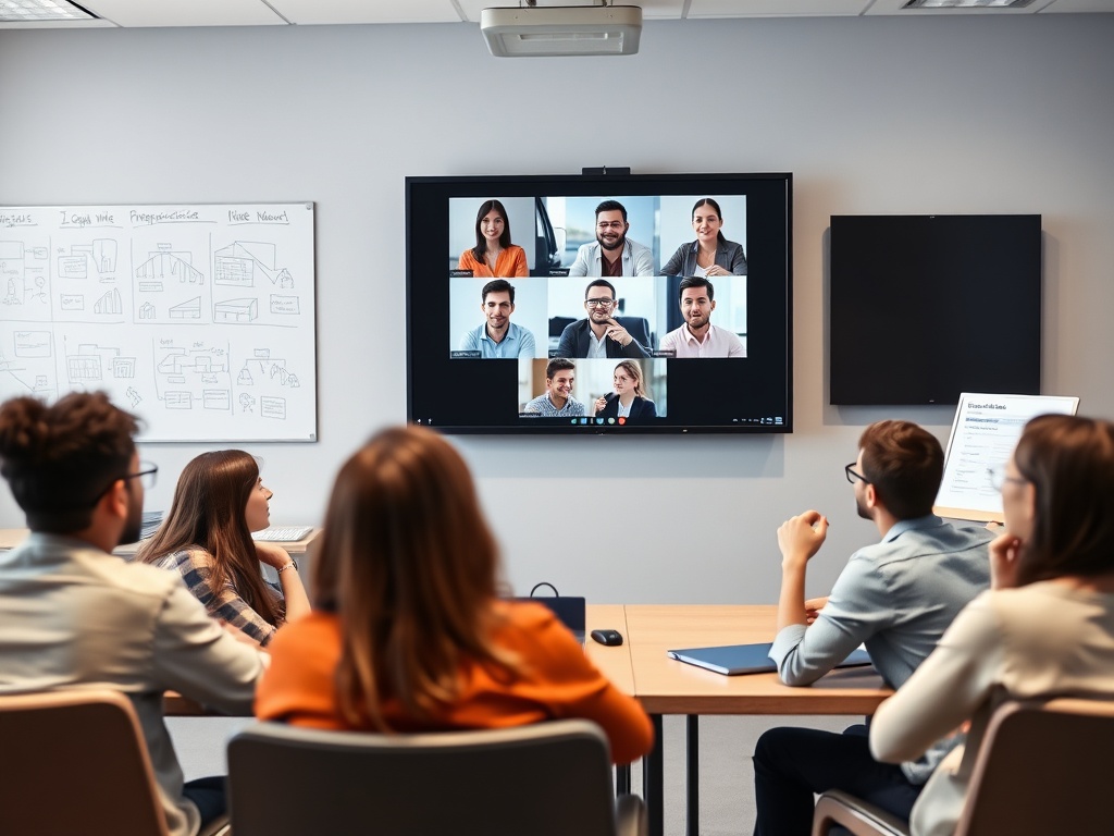 Группа людей на совещании смотрит на экран с участниками видеоконференции.