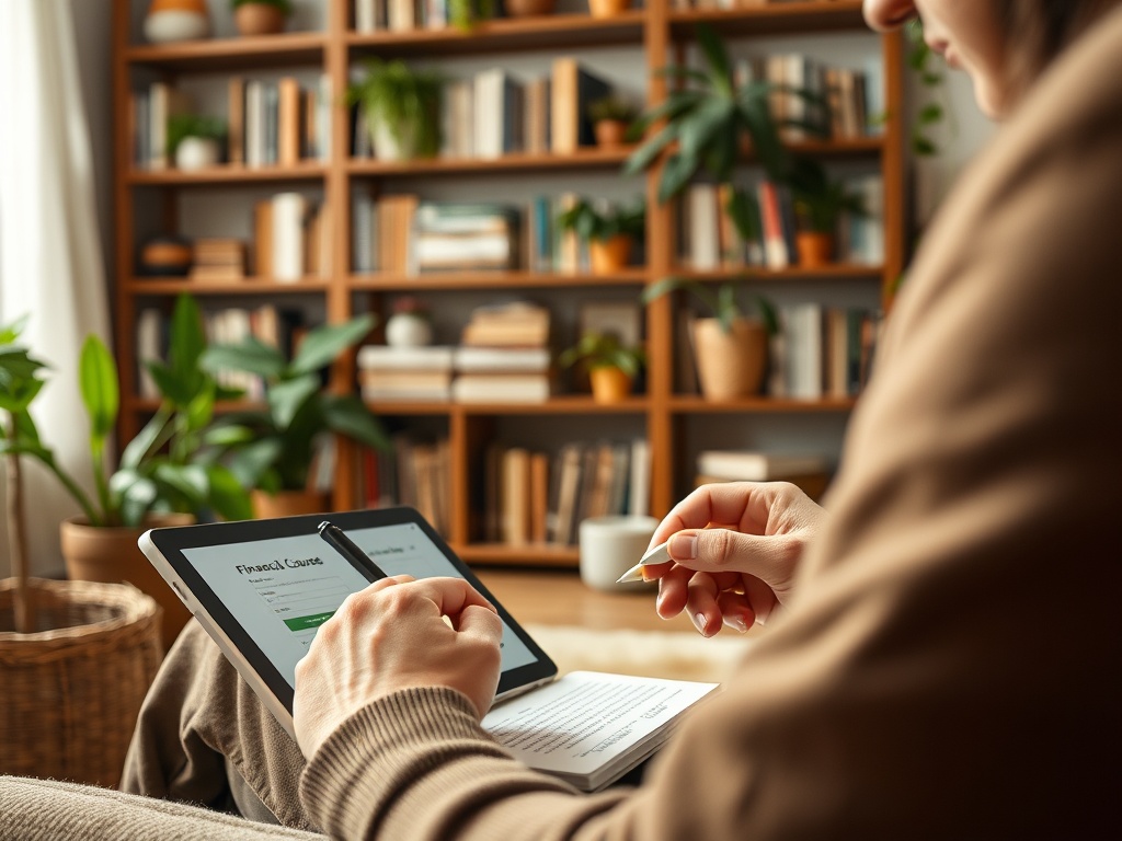 Человек сидит с планшетом и ручкой, изучая курсы финансов на фоне книжной полки и растений.