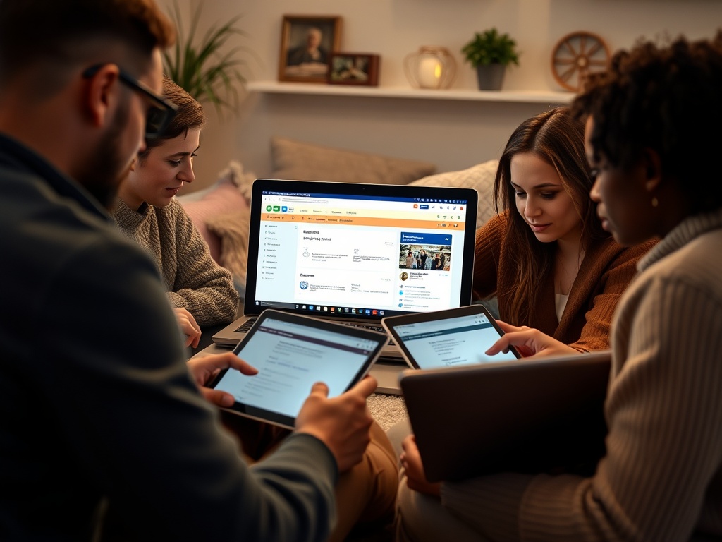 Группа людей обсуждает работу за ноутбуком и планшетами, сосредоточившись на экранах.