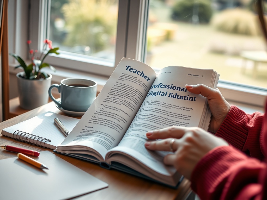 На столе открыт учебник о цифровом образовании, рядом чашка кофе и блокнот с ручками. В окно светит солнце.