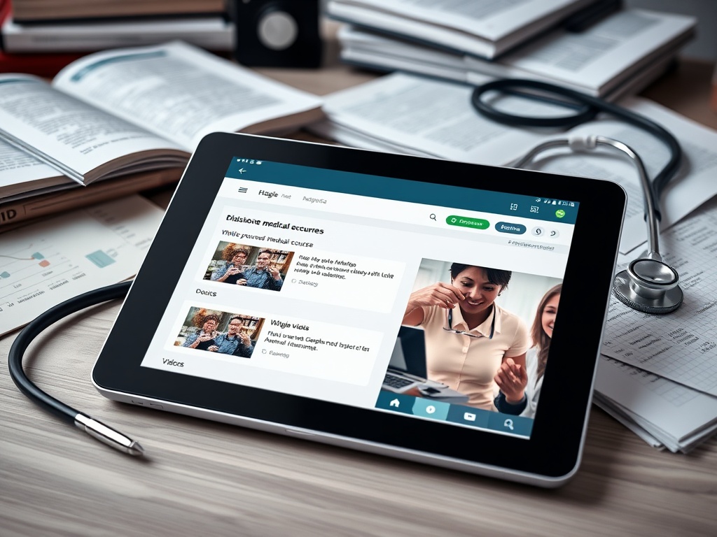 Планшет с медицинским курсом и видео, окружённый книгами и стетоскопом на столе.
