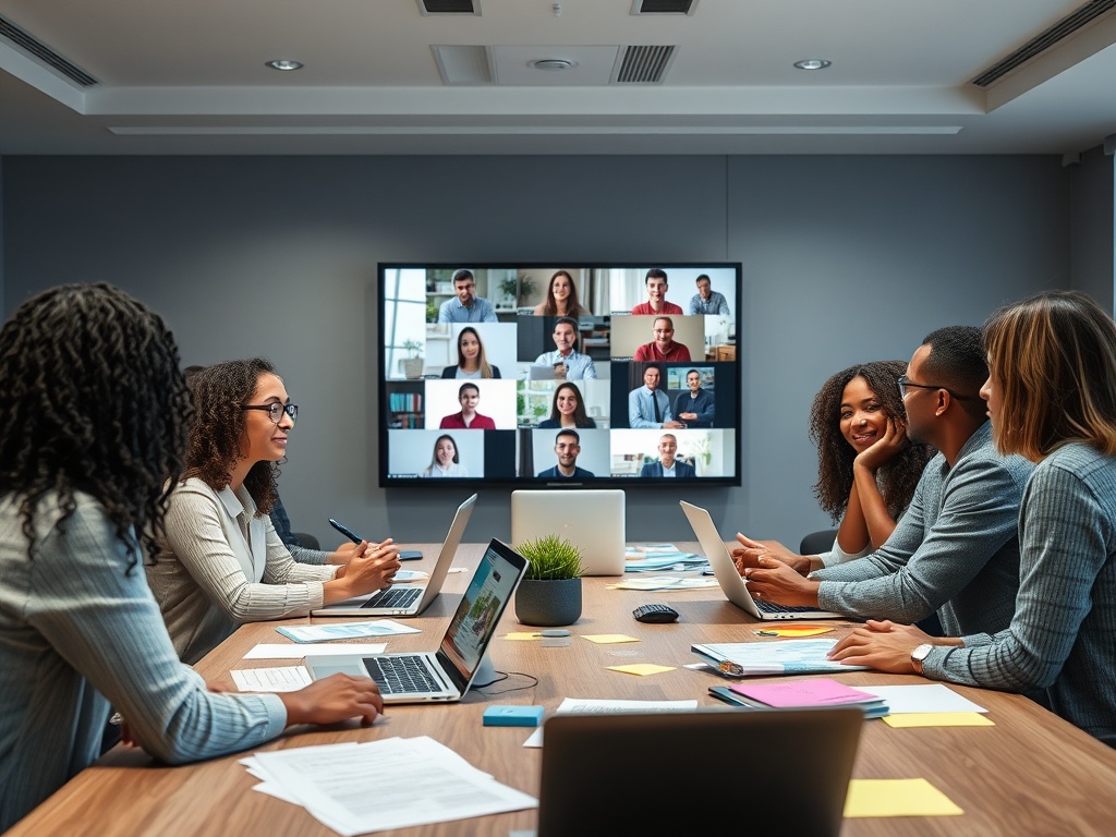 На встрече в офисе группа людей обсуждает идеи через видеозвонок на большом экране.